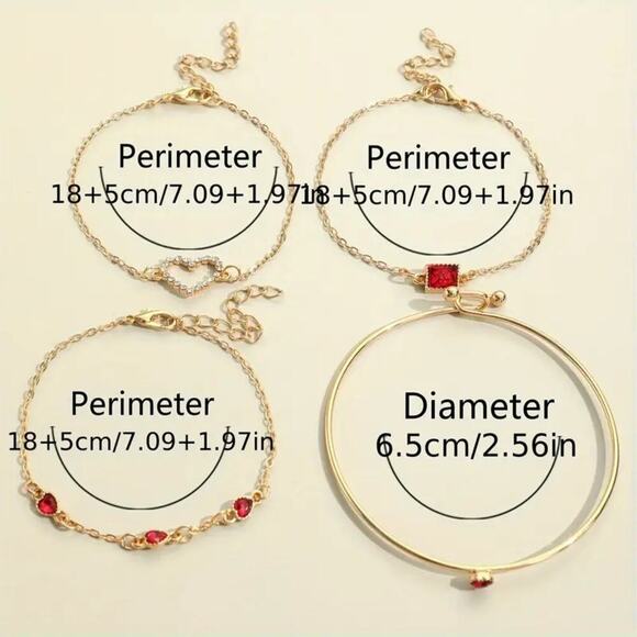 NEW 4pcs Gold Bracelet Set – Red Rhinestones, Heart & Square Charms, Stackable - Picture 3 of 4